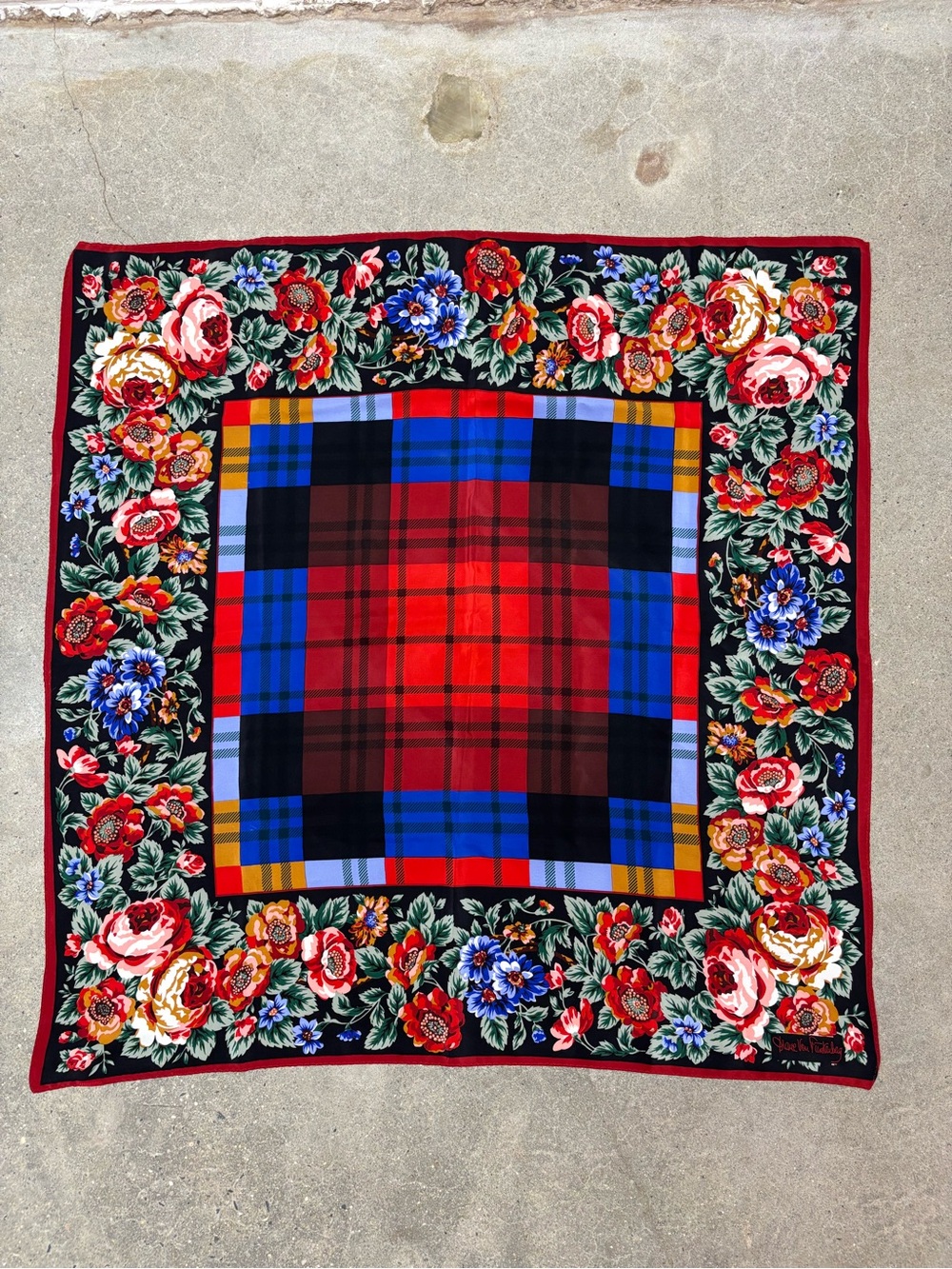 Diane Von Furstenberg Red Plaid Floral Border Silk Scarf